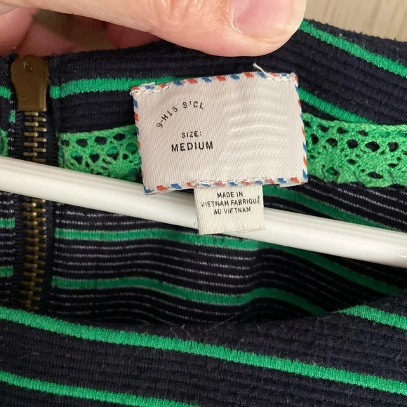 Postmark Anthropologie Women’s Medium Blue Green Striped Cute Top Shirt Lace - Picture 3 of 10